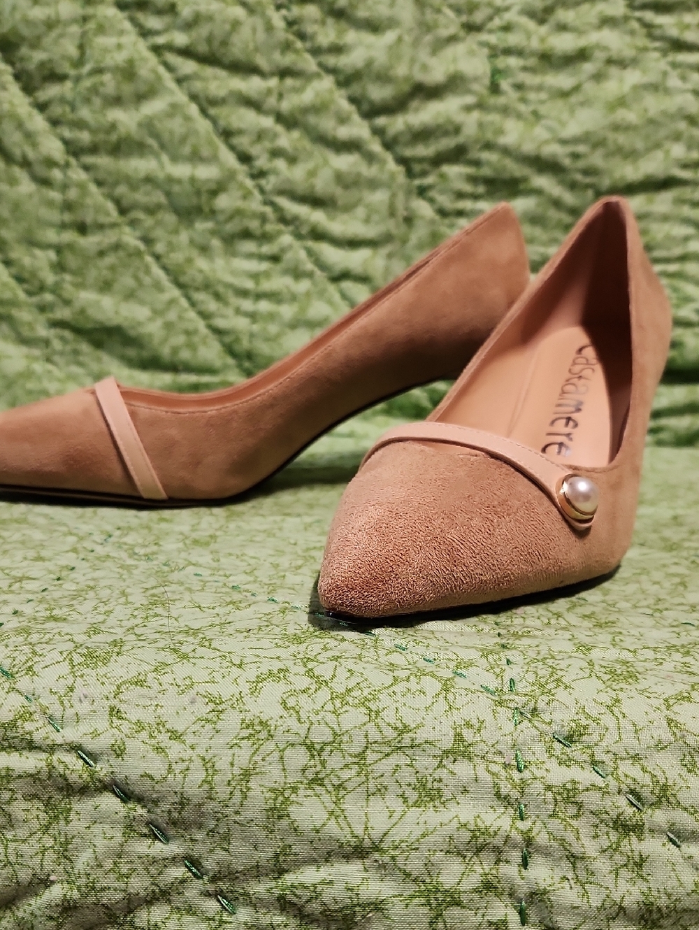 7.5 Tan Suede Pointed Toe Heels with Pearl Accent